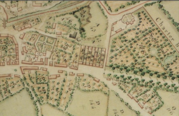 Realistic colour scheme applied to map features (John Rocque) A survey of the town and lands of Maynooth, 1757