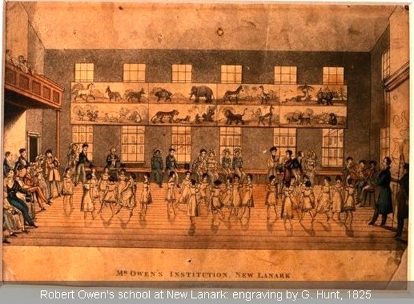 Engraving 1832- Robert Owen’s educational venture at New Lanark helped to pioneer infant schools and was an early example of what we now recognize as community schooling