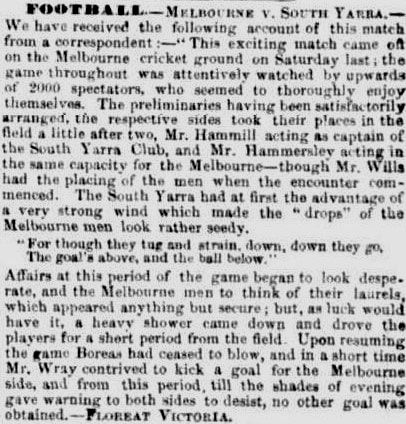 Melbourne v Sth Yarra Aussie Rules Football July 1859