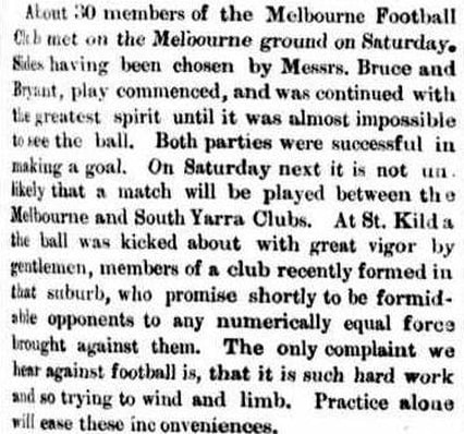 Melbourne, South Yarra, St. Kilda Football Clubs Monday 30 May 1859