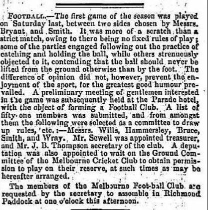 First Game Aussie Rules Football Saturday 21 May 1859