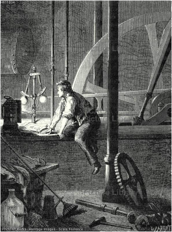 George Stephenson disassembles and repairs a steam engine, Newcastle.