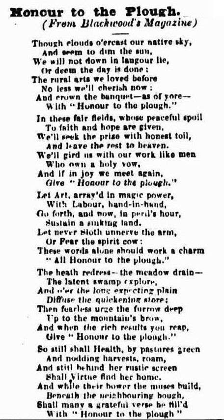 Poem- 'Honour to the Plough' 1849
