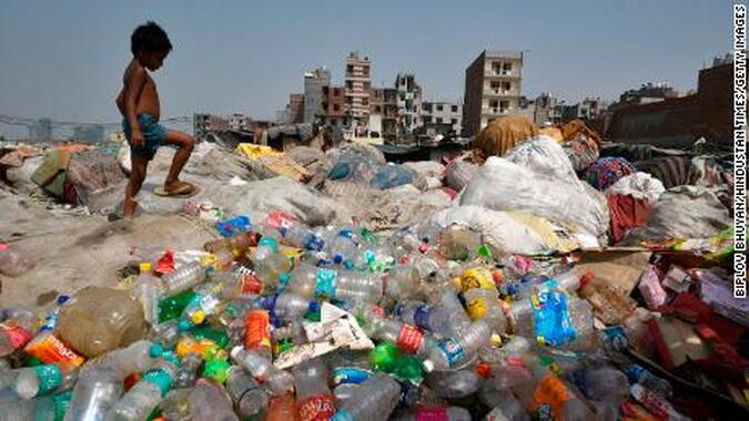 Plastic bottles on beach India