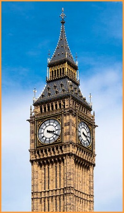 Big Ben- Charles Barry's design incorporated a clock tower. The dials were to be thirty feet in diameter, the quarter chimes were to be struck on eight bells, and the hours were to be struck on a 14 ton bell.