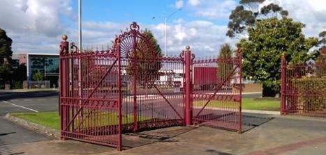 Entrance to Fawkner Cemetery. Wrought Iron gates from Old Melb. Fish Market