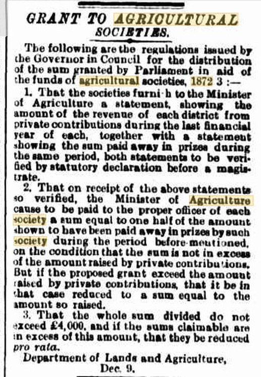 Grant to Agricultural Societies 1872