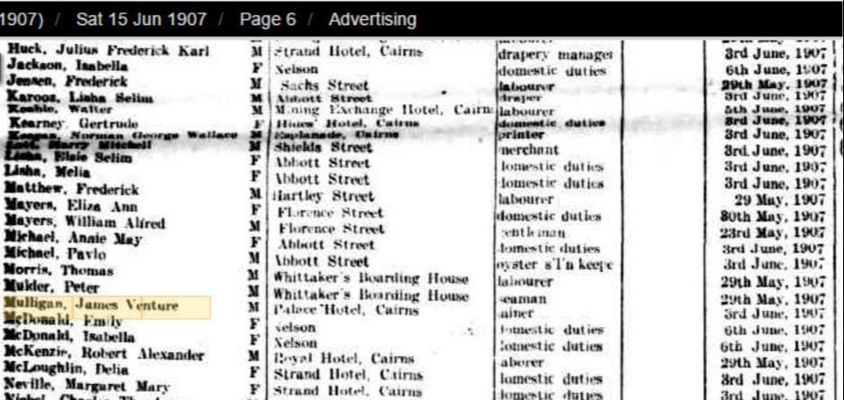 Electoral list Cairns 1907
