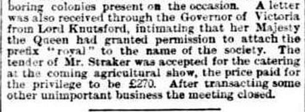 National Agricultural Society of Victoria,  'Royal'. Permission granted May 1890.