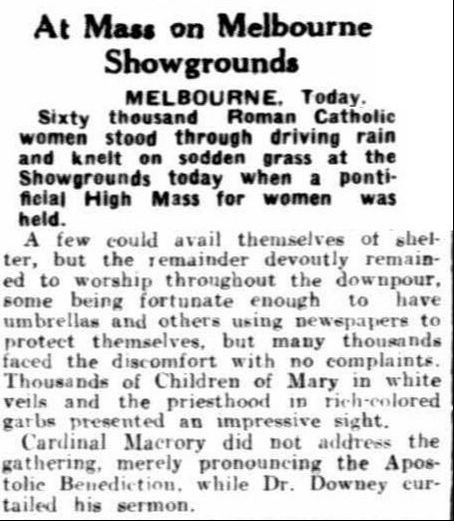 'Mass' at the Melbourne Showgrounds in 1934, where 60,000 women knelt to pray in the rain