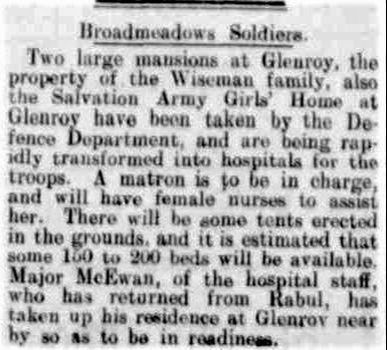 Broadmeadows Soldier Hospital Wiseman property Glenry WW1