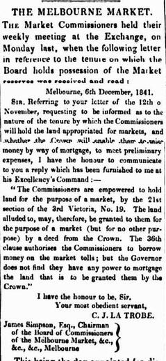 MELBOURNE MARKET COMMISSIONERS 1841