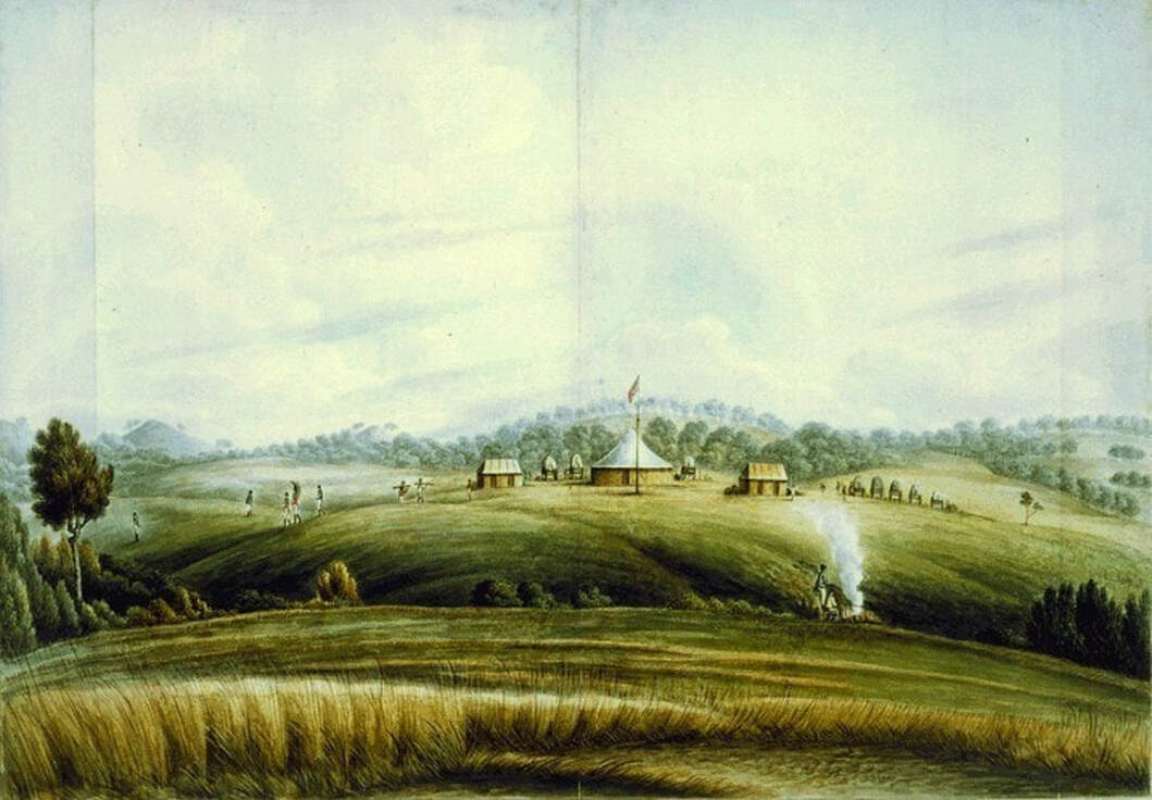 John Lewin, The Plains Bathurst depicting Governor Macquarie's camp, water colour, c 1816, courtesy of State Library of New South Wales.