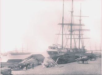 Merchant Ship with timber being unloaded Newcastle Harbour ​Ellis & Co Feb 20 1897