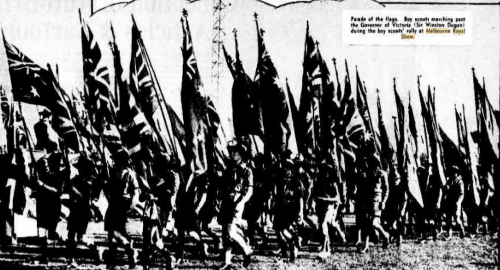 Thousands of Boy Scout March in the Parade of Flags, at the 1939 Melbourne Show