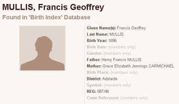 1896 Francis Geoffrey MULLIS was born 1896 in Adelaide