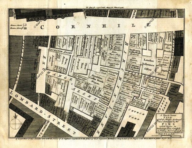 All The Houses Destroyed And Damaged By The Fire (darkened) Which Began In Exchange-Alley, Cornhill, On Friday, March 25th, 1748