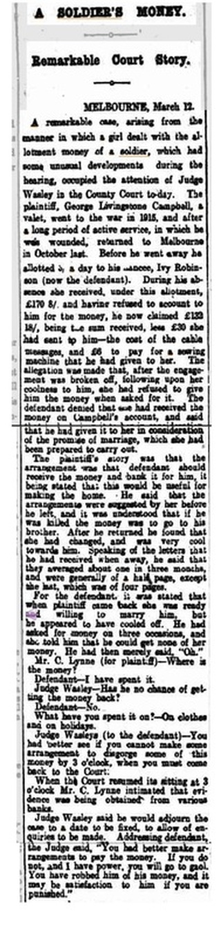 A Soldier's Money, The Register Adelaide, SA  13 March 1919
