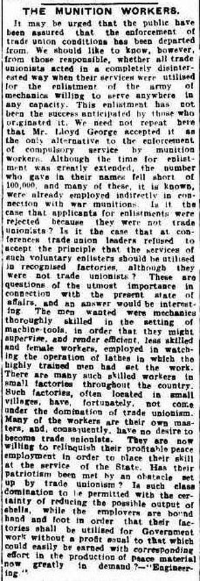 Munition Workers, The Brisbane Courier Qld.  9 September 1915