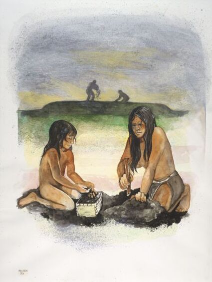 Effigy Mound Builders. A watercolor painting of prehistoric Indians building an effigy mound. Painted by P. Hefko.