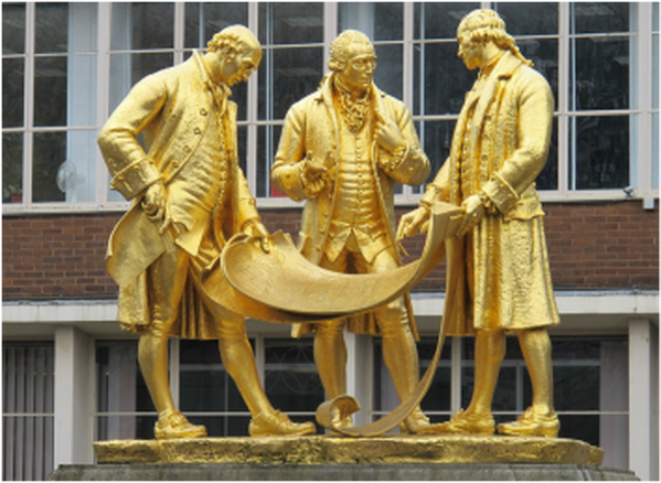 gilded bronze statue of Matthew Boulton, James Watt and William Murdoch by William Bloye and Raymond Forbes-Kings