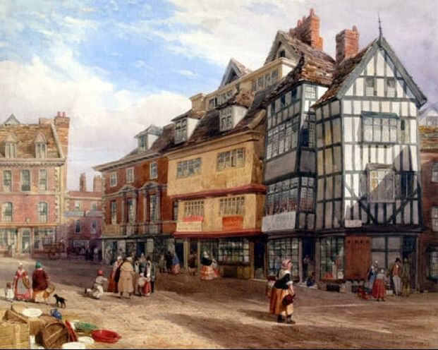Mardol, Shrewsbury, View of the Market Hall and Square from Princess Stret, Shrewsbury, dated 1859