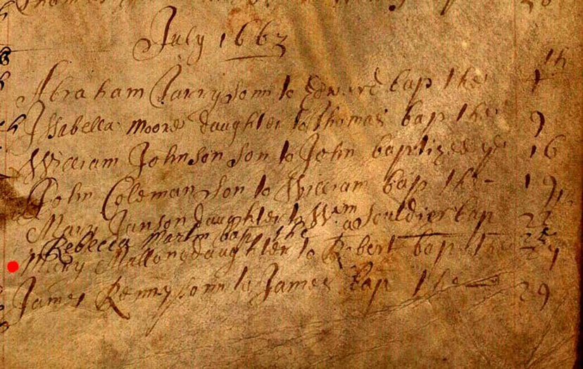 Purported baptism record of Molly(Mary) Malone, 27 July 1663