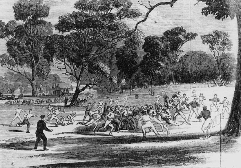 Australian rules football match at Richmond Paddock about 1866
