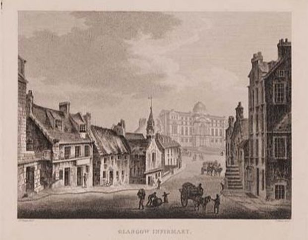 Etching of a view of the infirmary by James Fittler in Scotia Depicta, published 1804