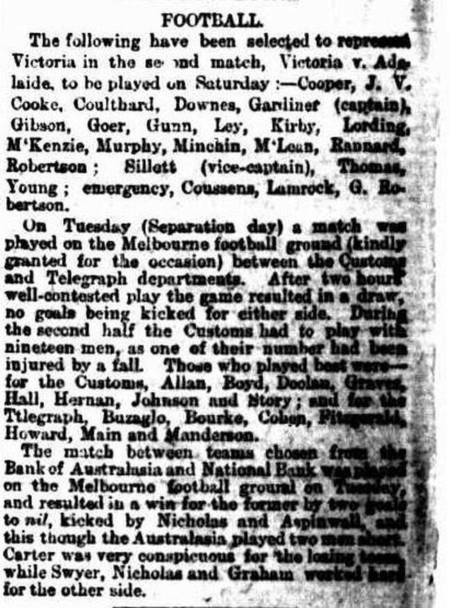 Victorian football match 1879- Customs Dept v Telegraph Dept, National Bank v Bank of Australasia