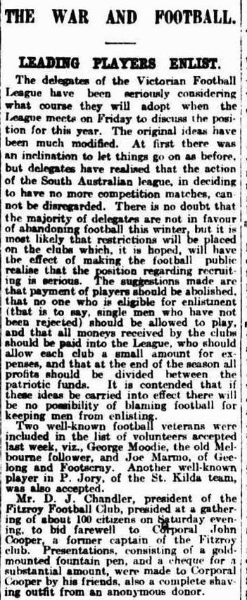 VFL payments to players during WW1