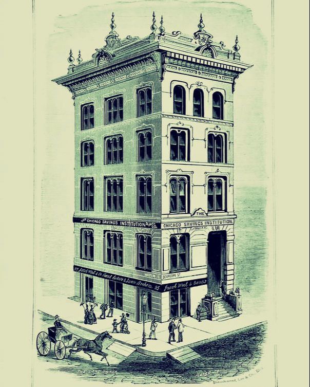 After the 1871 fire- New building of the Chicago Savings Institution & Trust Co., crn of Madison & Dearborn streets.