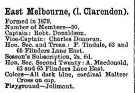 East Melbourne (1. Clarendon) Junior football club 1880