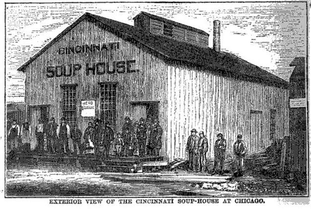 After the Chicago 1871 fire, Food and clothing were distributed among the needy