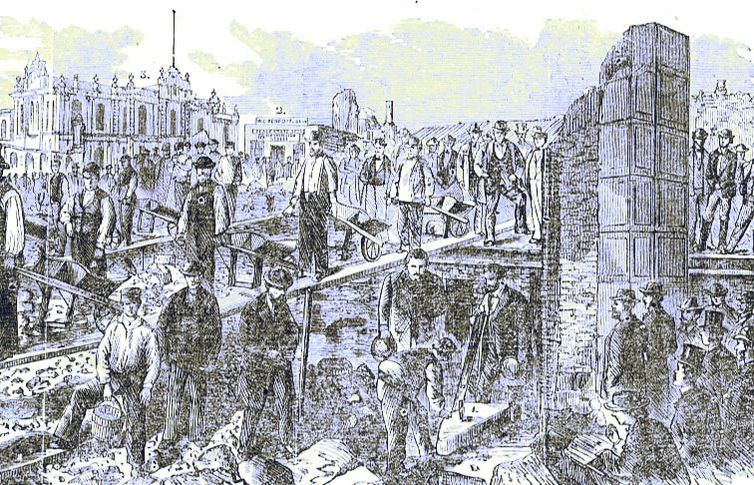 Laying the corner stone of the first buildings of Chicago after the 1871 fire