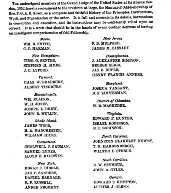 Names of men who endorsed Oddfellows Manual, 1853