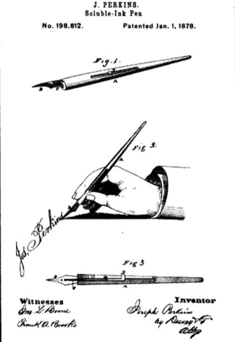 Soluble Ink pen patent 1878